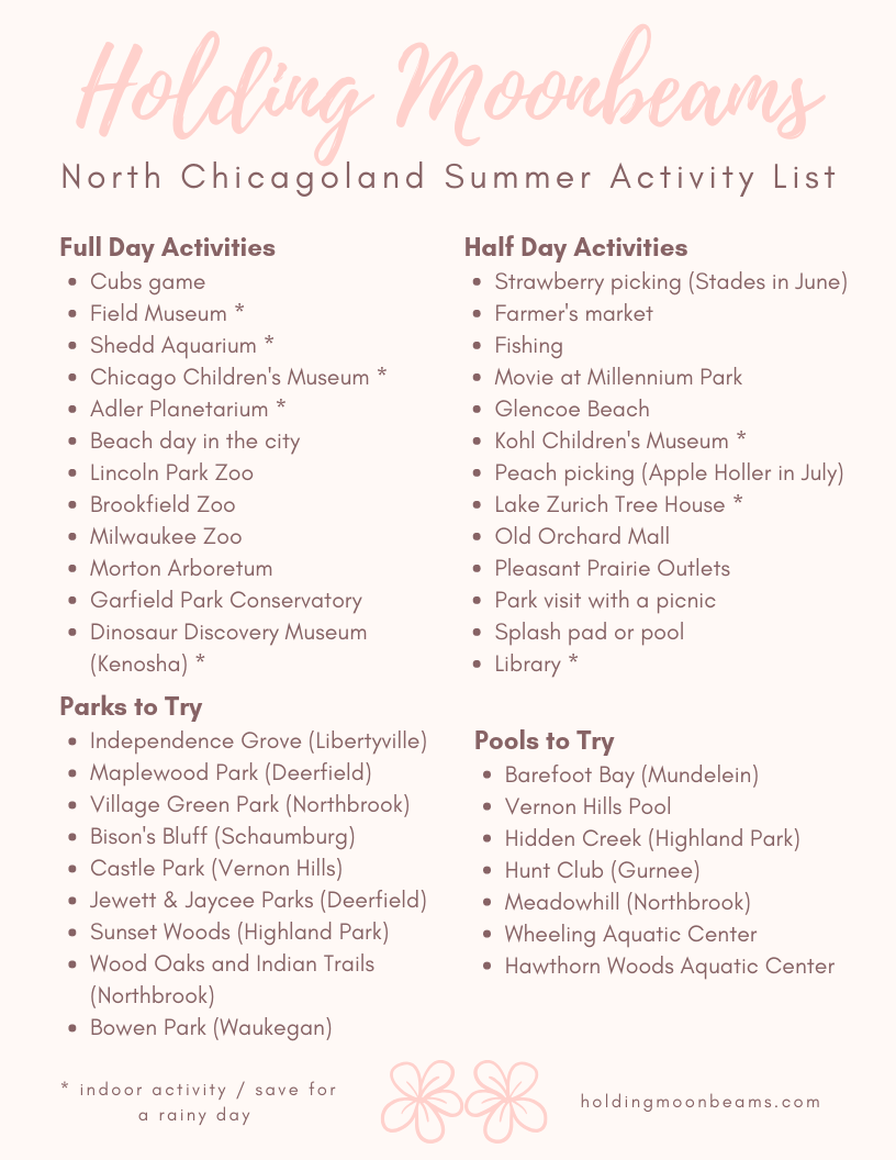 Graphic containing a list of summer activities for children in north Chicago suburbs. HoldingMoonbeams.com