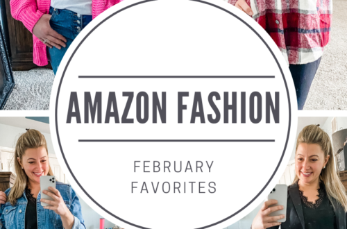 Collage of 4 photos of a woman in different outfits from Amazon. Text says Amazon Fashion: February Favorites in a large white circle.
