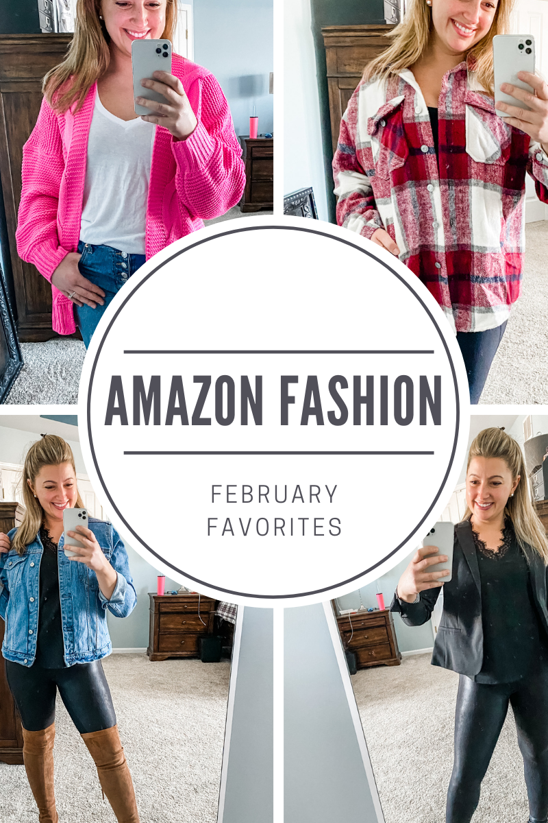 Collage of 4 photos of a woman in different outfits from Amazon. Text says Amazon Fashion: February Favorites in a large white circle.
