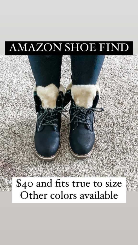 A picture of shoes on a woman's feet. The shoes are faux fur lined and black with long laces. They are winter boots. Caption says $40 and fits true to size. Other colors available.